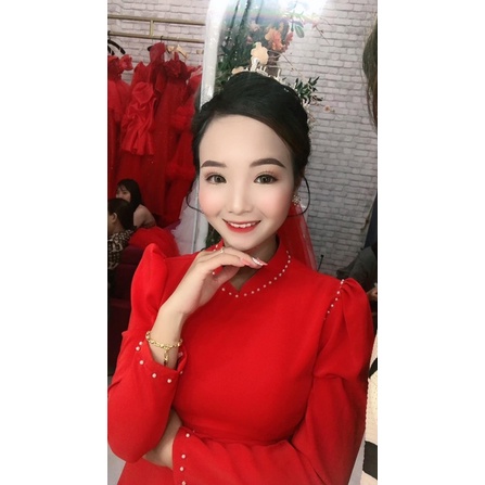 Áo dài dâu vai bồng đính hạt cổ, dọc vai tay tà áo ÁO DÀI BÍCH THÊU BT007