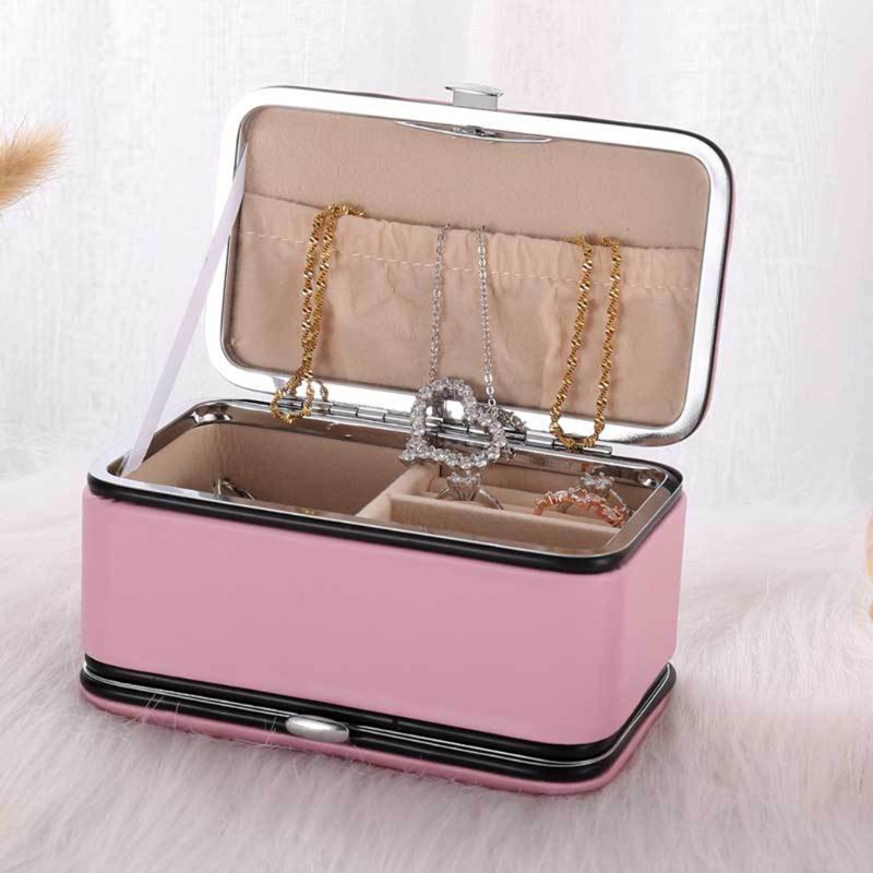 Hộp Đựng Trang Sức Bằng Da PU 2 Tầng Có Gương Soi Tiện Dụng