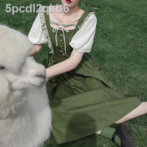 Váy màu xanh lá cây bơ mùa xuân vẽ tranh sơn dầu kiểu phương Tây dài cổ vuông Nữ dễ thương Nhật Bản Mori Girl | BigBuy360 - bigbuy360.vn