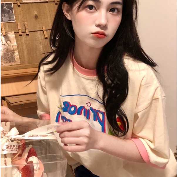 Áo Thun Tay Ngắn Cổ Tròn In Màu Tương Phản Thời Trang Hè Cá Tính Cho Nữ