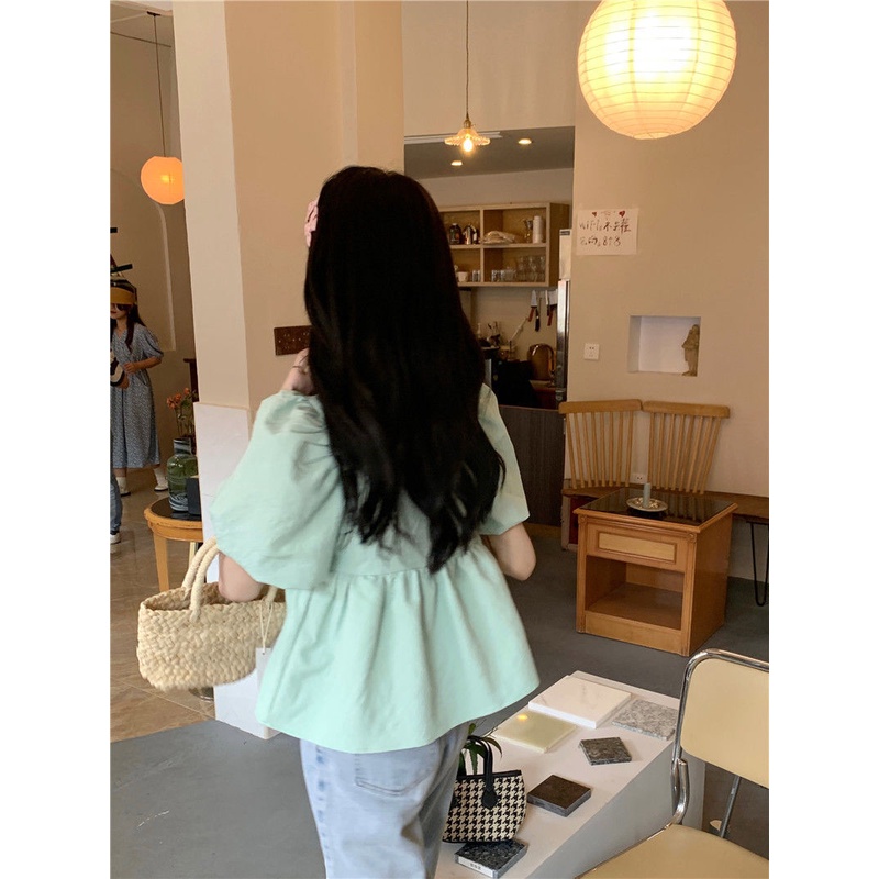 Áo Sơ Mi Tay Phồng Ngắn Cổ Vuông Màu Trơn Ngọt Ngào Thời Trang Cho Nữ