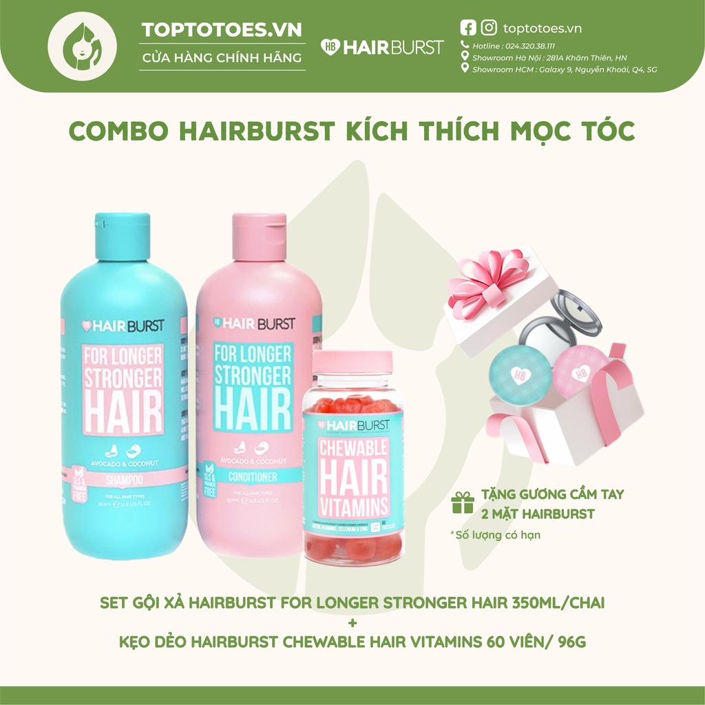 Combo Hairburst Kích Mọc Tóc (Set Gội Xả 350ml/chai + Kẹo Dẻo Vitamins 60 Viên) [NHẬP KHẨU CHÍNH HÃNG 100%]
