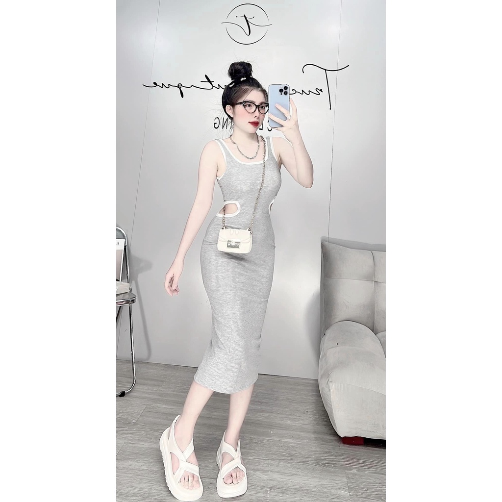 Đầm 2 dây ôm body dài khoét eo có mút ngực vải thun cotton gân dày xịn xò co giản, đầm khoét eo