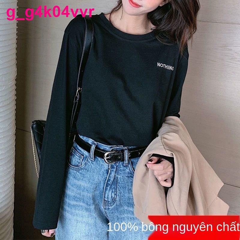 [100% cotton] Áo thun dài tay nữ sơ mi sinh hàn quốc mùa xuân, thu và đông Thủy triều có đáy kết hợp tất cả các