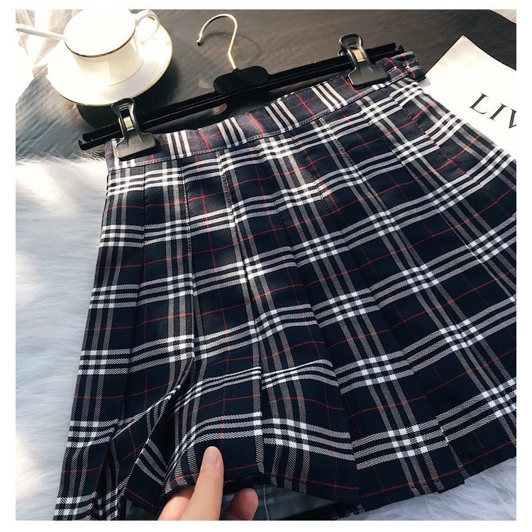 Chân váy dáng chữ A lưng cao xếp ly họa tiết sọc ca rô trẻ trung thời trang