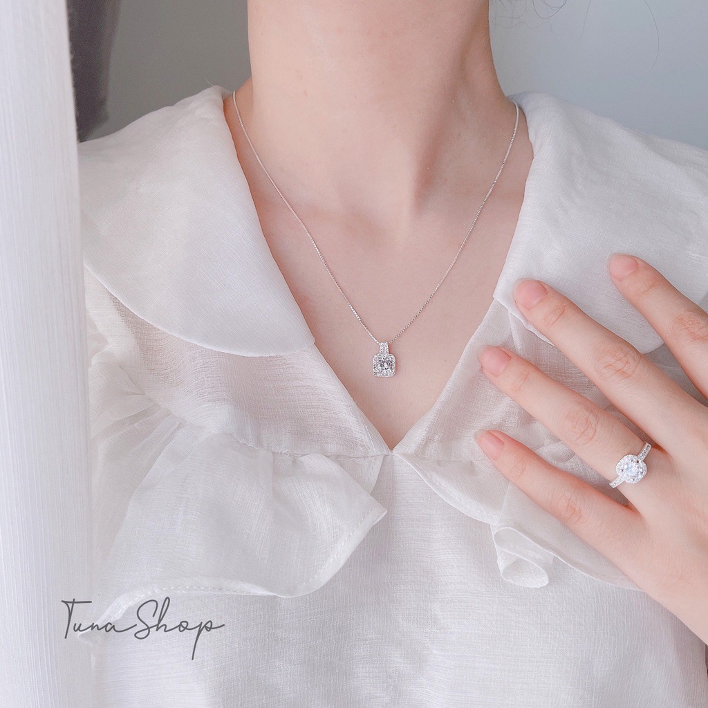 Dây chuyền Bạc gắn đá pha lê mặt vuông full đá cỡ lớn, Vòng cổ Bạc cao cấp 𝐂𝐚𝐦 𝐤𝐞̂́𝐭 𝐜𝐡𝐮𝐚̂̉𝐧 𝐁𝐚̣𝐜 TUNA SILVER