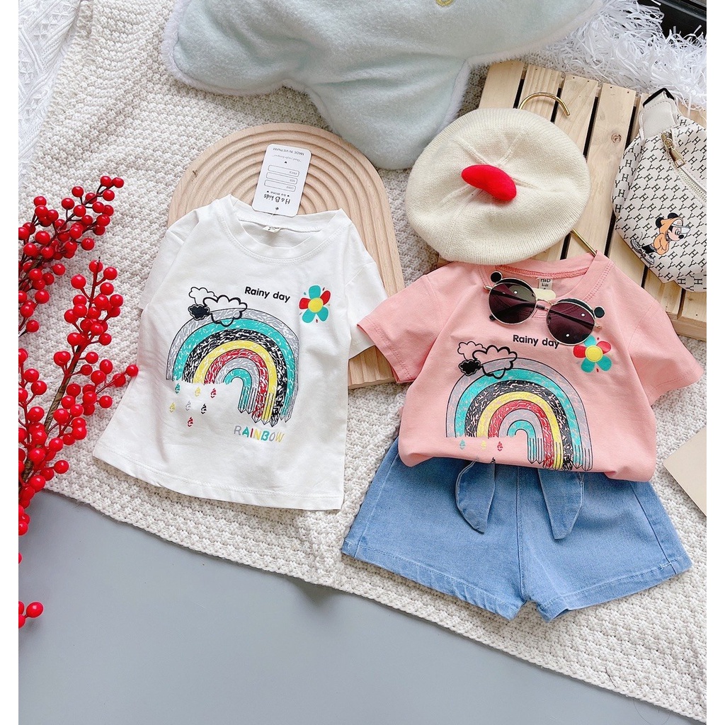 SET ÁO THUN IN CẦU VỒNG KÈM QUẦN JEAN CÓ NƠ VẢI MỀM MÁT,STYLE NĂNG ĐỘNG