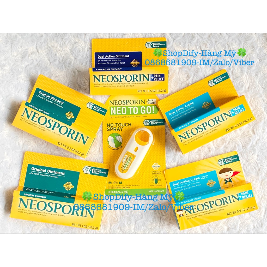 NEOSPORIN Giảm Bỏng và Vết Thương Sơ Cứu Dạng Xịt, Kem Mỡ First Aid Antibiotic + Pain Relieving Ointment / Cream / Spray