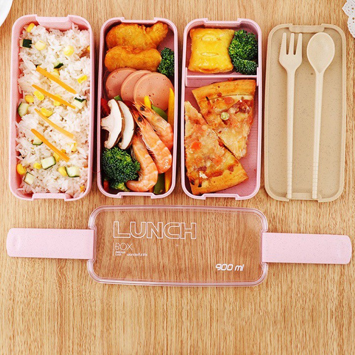 Hộp đựng cơm lúa mạch 3 tầng kèm thìa và nĩa, sử dụng được với lò vi sóng- DMA store