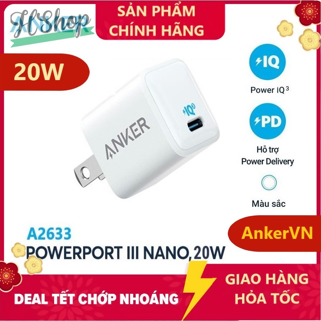 Cốc Sạc ANKER PowerPort III A2633  1 Cổng PIQ  20W  (PD &amp; QC 3.0) - Anker PD A2633 / Cáp sạc Mophie MFI