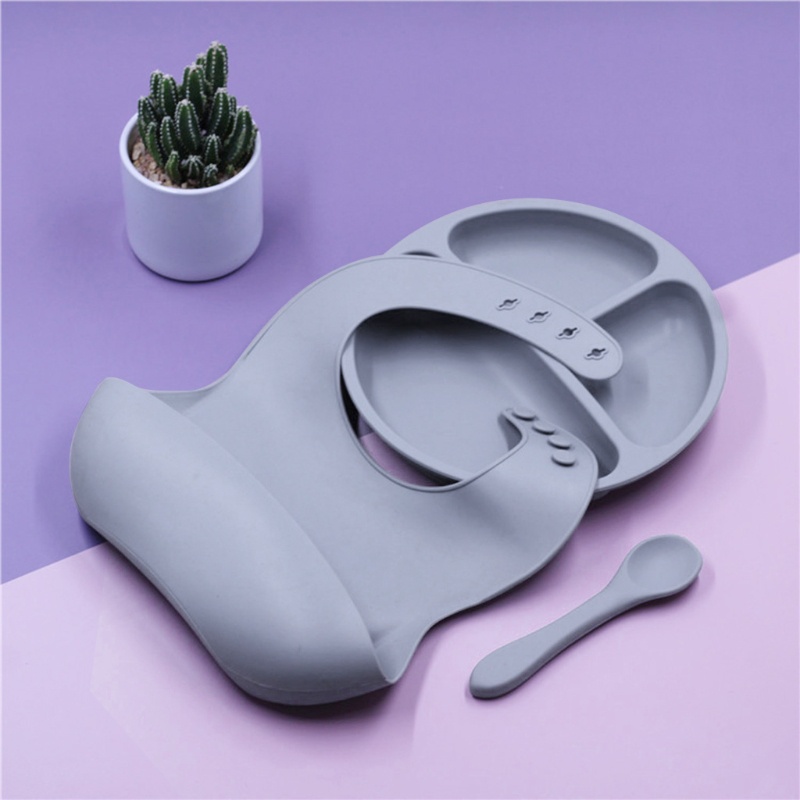 Bộ 3 Món Tô / Muỗng / Đĩa Bằng Silicone Cấp Thực Phẩm Có Giác Hút Cho Bé