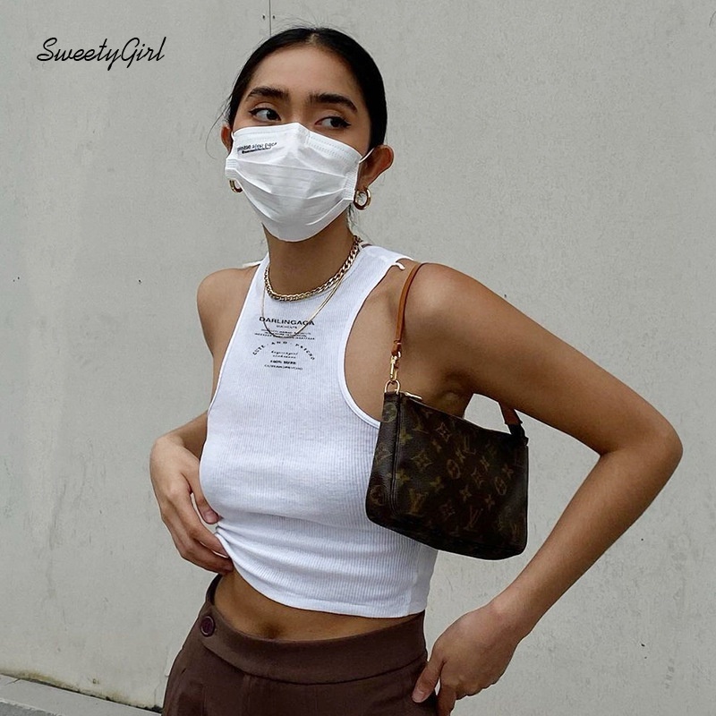 Áo tank top cổ tròn ôm dáng in chữ đơn giản dành cho nữ