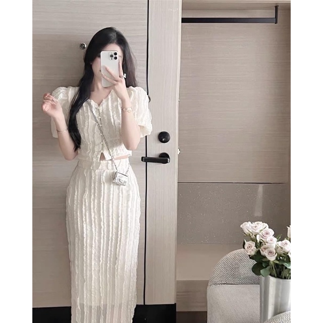 Set tiểu thư áo tay bồng + chân váy dài nhẹ nhàng thanh lịch vải chạy sóng nổi
