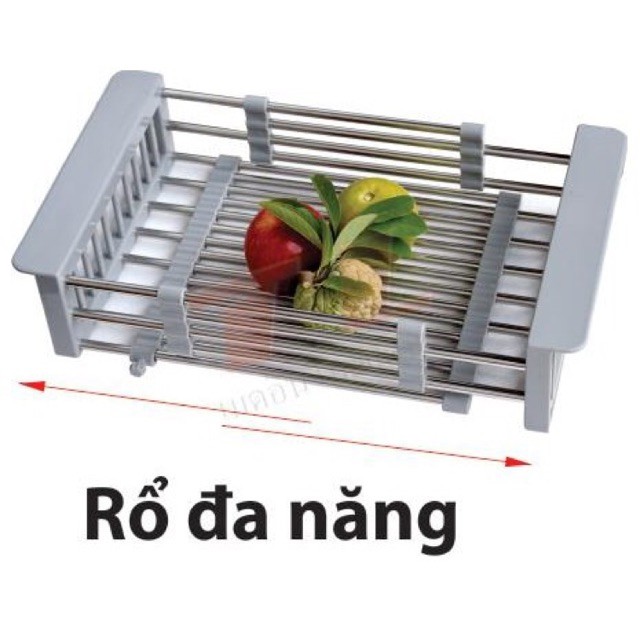 Khay rổ inox đa năng chiều dài kéo rút tăng đơ gác trên bồn rửa chén sử dụng tiện lợi