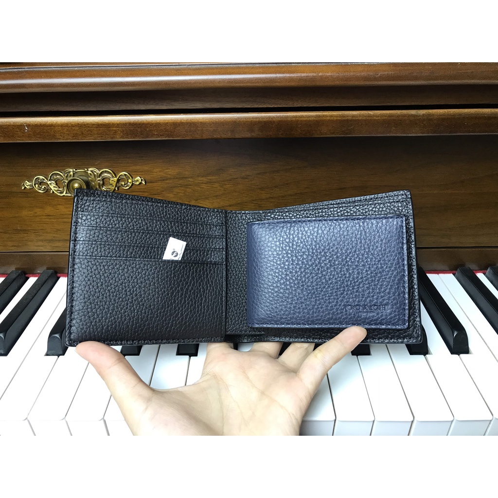 COACH DOUBLE BILLFOLD WALLET màu đen 3 sọc nâu xanh đen