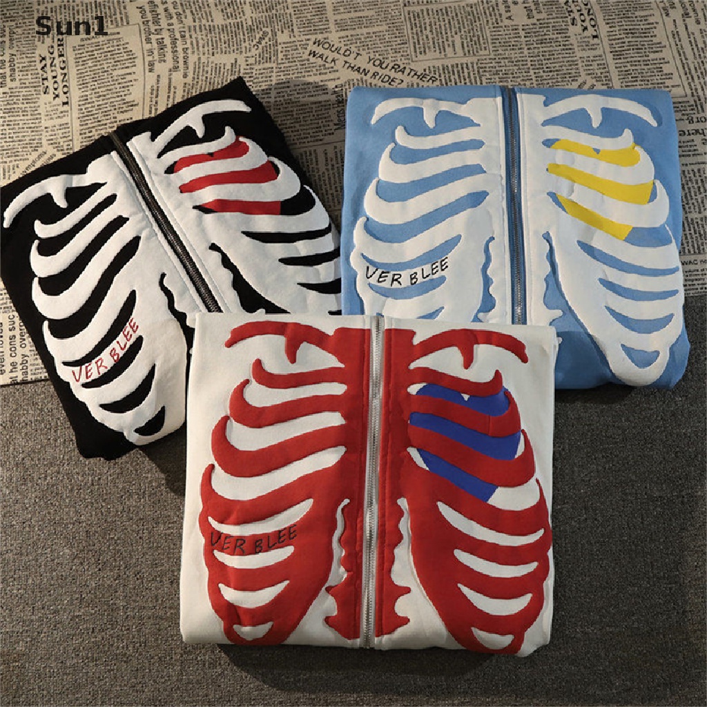 Áo Khoác Hoodie Phối Khóa Kéo In Hình Xương Anime Cá Tính Cho Nam Và Nữ