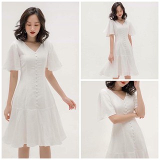 Đầm Nữ Trắng Xòe Cúc Dọc (KÈM ẢNH THẬT)