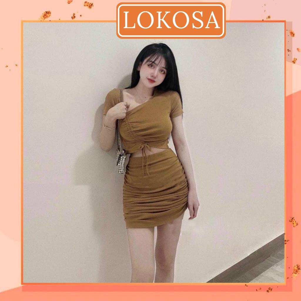 Set Croptop LOKOSA Bộ 2 Món Áo Croptop Nữ Tay Ngắn Rút Dây Chân Váy Chữ A Nhún Ôm Ngắn Body VD084 | BigBuy360 - bigbuy360.vn