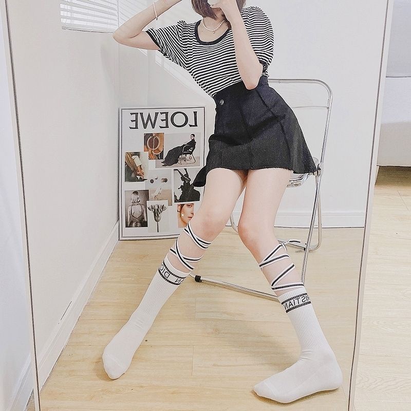 Jiashucheng Vớ Ống Cao Ngang Bắp Chân Buộc Dây Thoáng Khí In Chữ Phong Cách Preppy Đường Phố Thoáng Khí Dành Cho Bạn Nữ