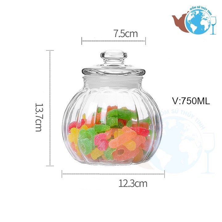 Hũ thủy tinh trái bí đựng gia vị, thực phẩm dung tích 750ml