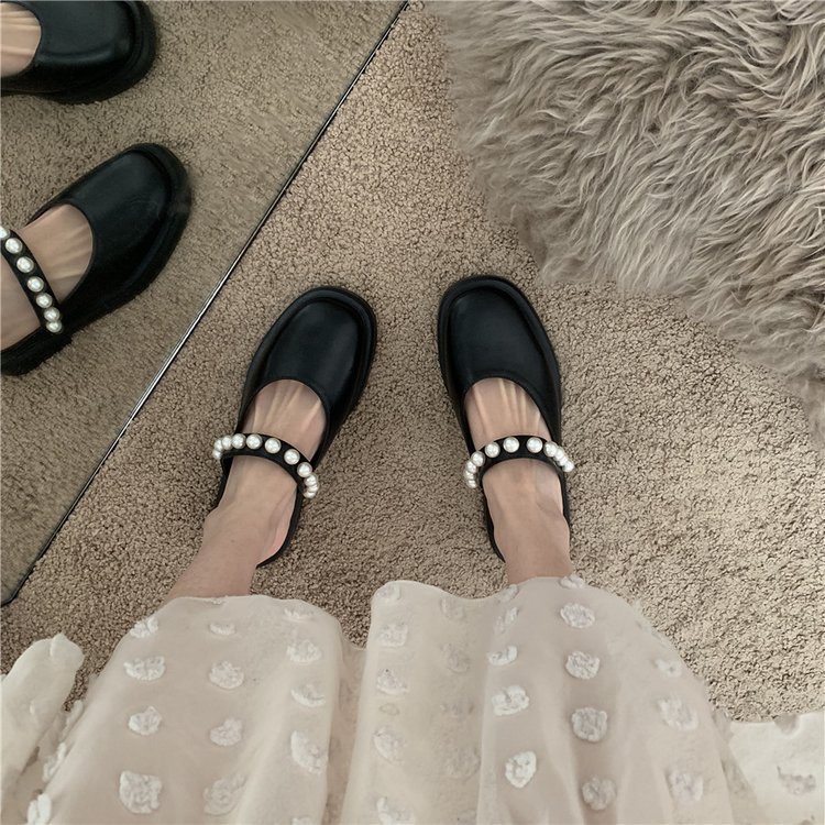 Sục Nữ Ulzzang Vintage, Dép Sục Da PU Quai Đính Ngọc Mũi Vuông Tròn Đế Bằng Phong Cách Hàn Quốc - Iclassy_shoes