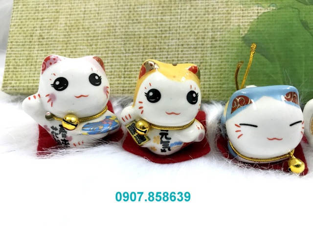 Full Set Bộ 5 Tượng Mèo Sứ Maneki Neko Thần Tài (Mèo Nằm)