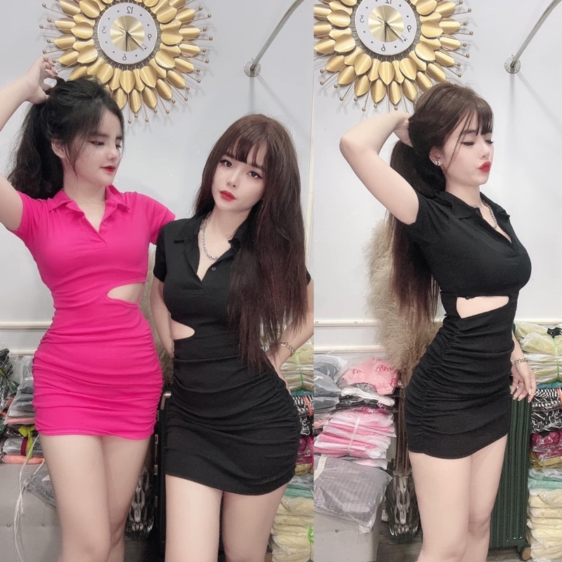Đầm ôm body cổ trụ, khoét eo bên siêu quyến rũ. Thun borip co giãn có 2 màu ( đen và hồng )