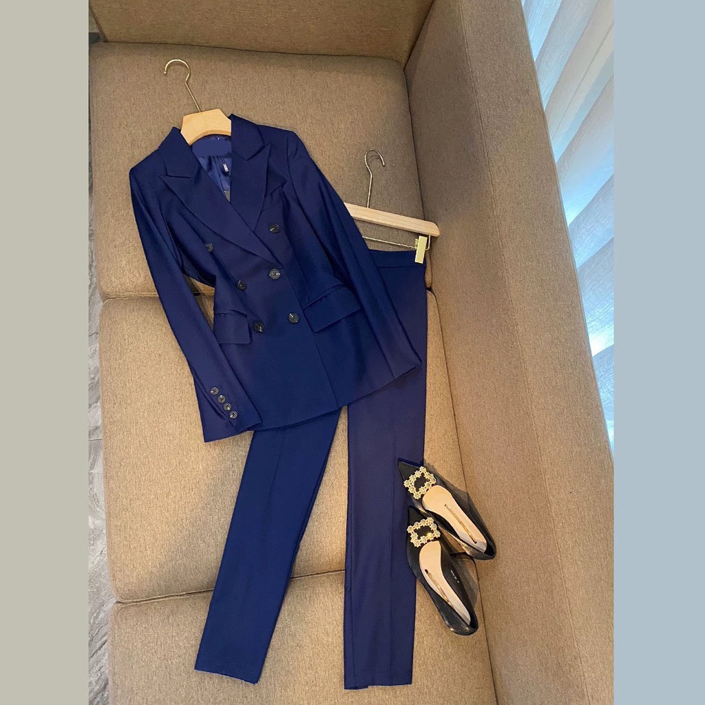 Set Vest nữ áo blazer nữ, quần ống ôm nữ cạp nhỏ xanh đen QUYNH Design AV001
