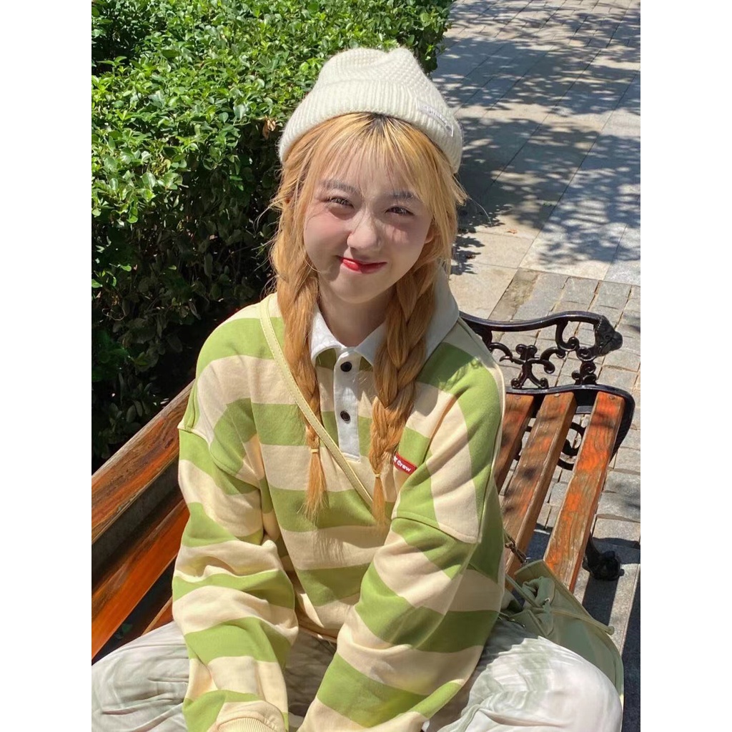 Áo Thun POLO Tay Dài Dáng Rộng Họa Tiết Kẻ Sọc Thời Trang Mùa Thu Phong Cách Retro Mới Cho Nữ