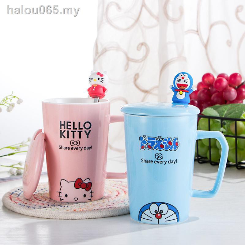 ♨Cốc Uống Nước Bằng Sứ Có Nắp Và Muỗng Hình Doraemon hello Kitty Cho Nam Nữ