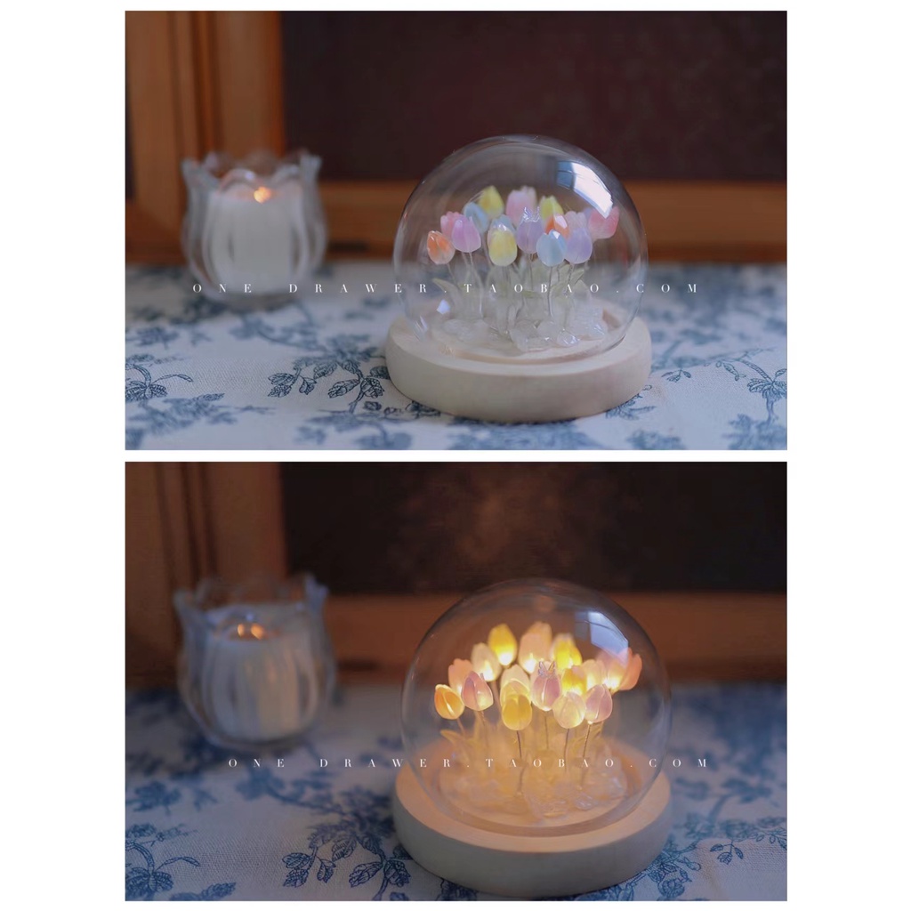 Đèn ngủ decor hoa tulip lồng kính có đèn LED nhiều màu sắc, đèn decor để bàn trang trí