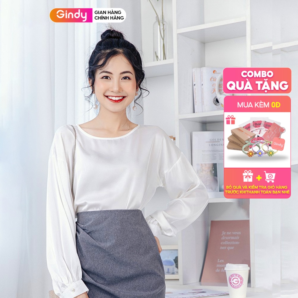 Áo sơ mi lụa nữ GINDY chất lụa nano dài tay cổ tròn dáng suông basic trơn thời trang xuân hè 2022 công sở A10043