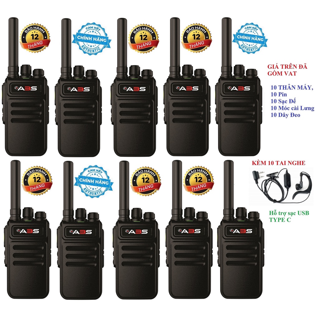 Bộ 10 Chiếc Bộ đàm Hỗ trợ Sạc USB Type C Siêu Bền ABS AB338 Plus (Hàng Chính hãng, Hỗ trợ xuất VAT, Sạc đế kèm theo máy)