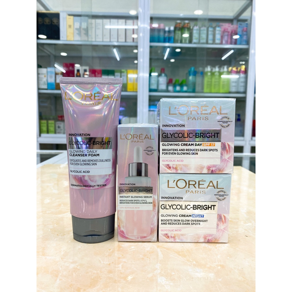 Combo 4 Sản Phẩm Dưỡng Sáng Và Mờ Thâm Nám L'Oreal Paris Glycolic Bright Chính Hãng Công Ty