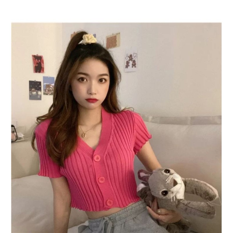 áo thun nữ croptop tay ngắn cỗ chữ V siêu xinh dễ thương