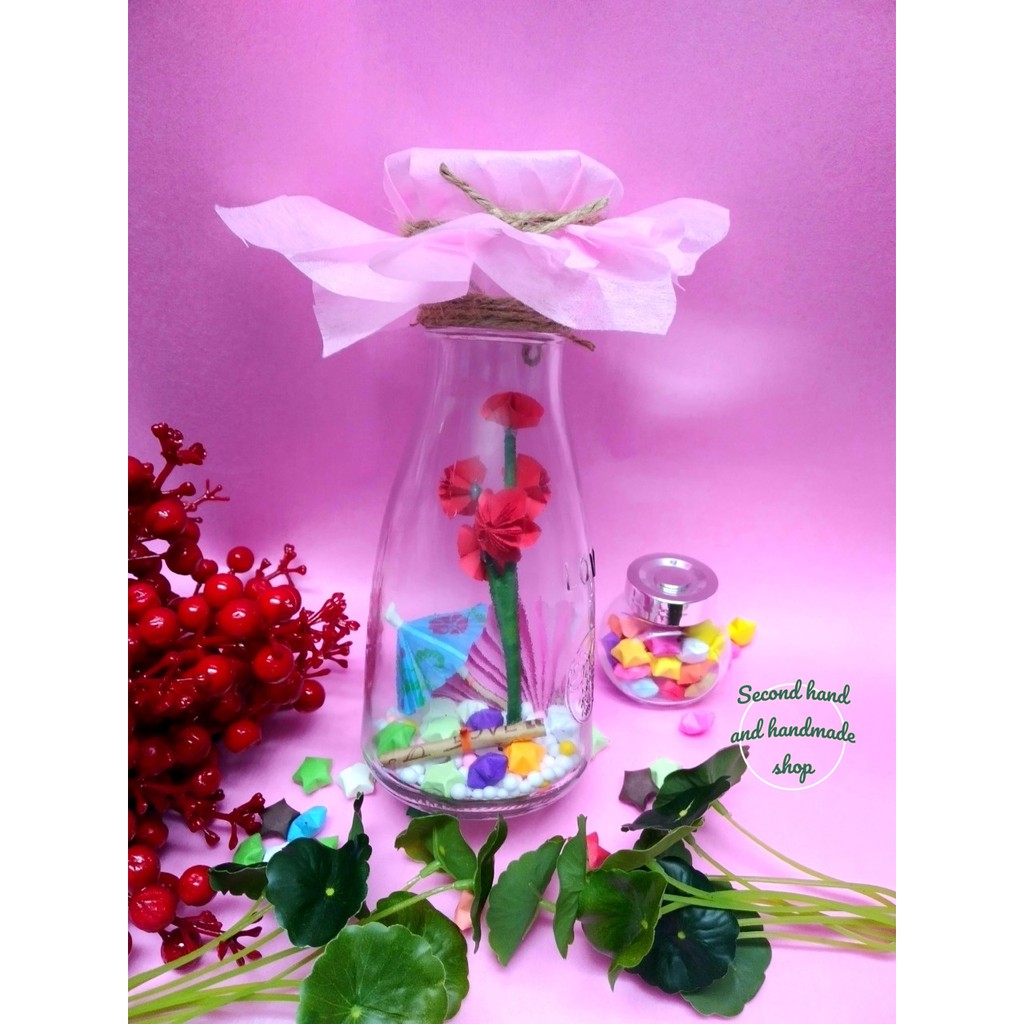 Handmade - Lọ thủy tinh lưu niệm chủ đề hoa anh đào mùa xuân bằng giấy xếp Origami làm decor nội thất