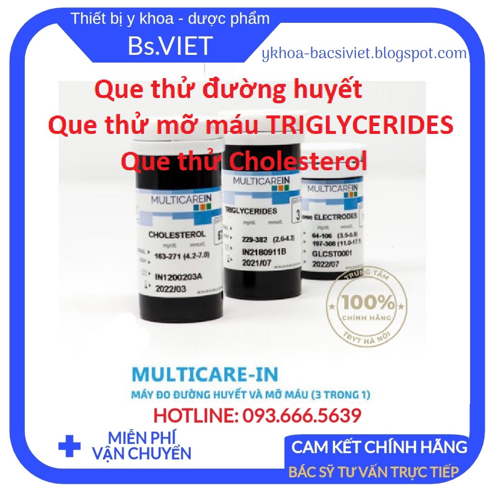 Que thử đường huyết- mỡ máu TRIGLYCERIDES- Cholesterol dùng cho máy đo đường huyết 3 trong 1 Multicarein chính hãng Ý