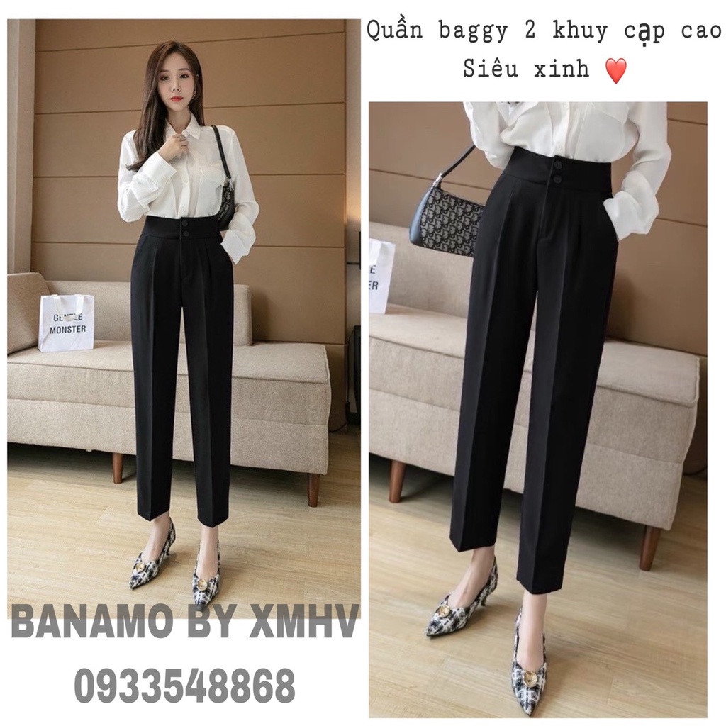Quần baggy 2 khuy cạp cao baggy tây công sở màu đen thời trang Banamo Fashion 8333