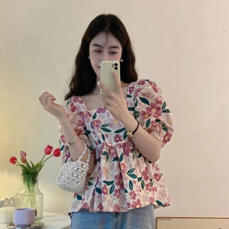 Áo Kiểu Tay Phồng Cổ Vuông In Họa Tiết Hoa Thời Trang Mùa Hè Hàng Mới Dành Cho Nữ 2022
