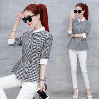 *❣️FREESHIP❣️ Áo Peplum Thời Trang phối cổ tay trắng sọc caro nhí dễ thương