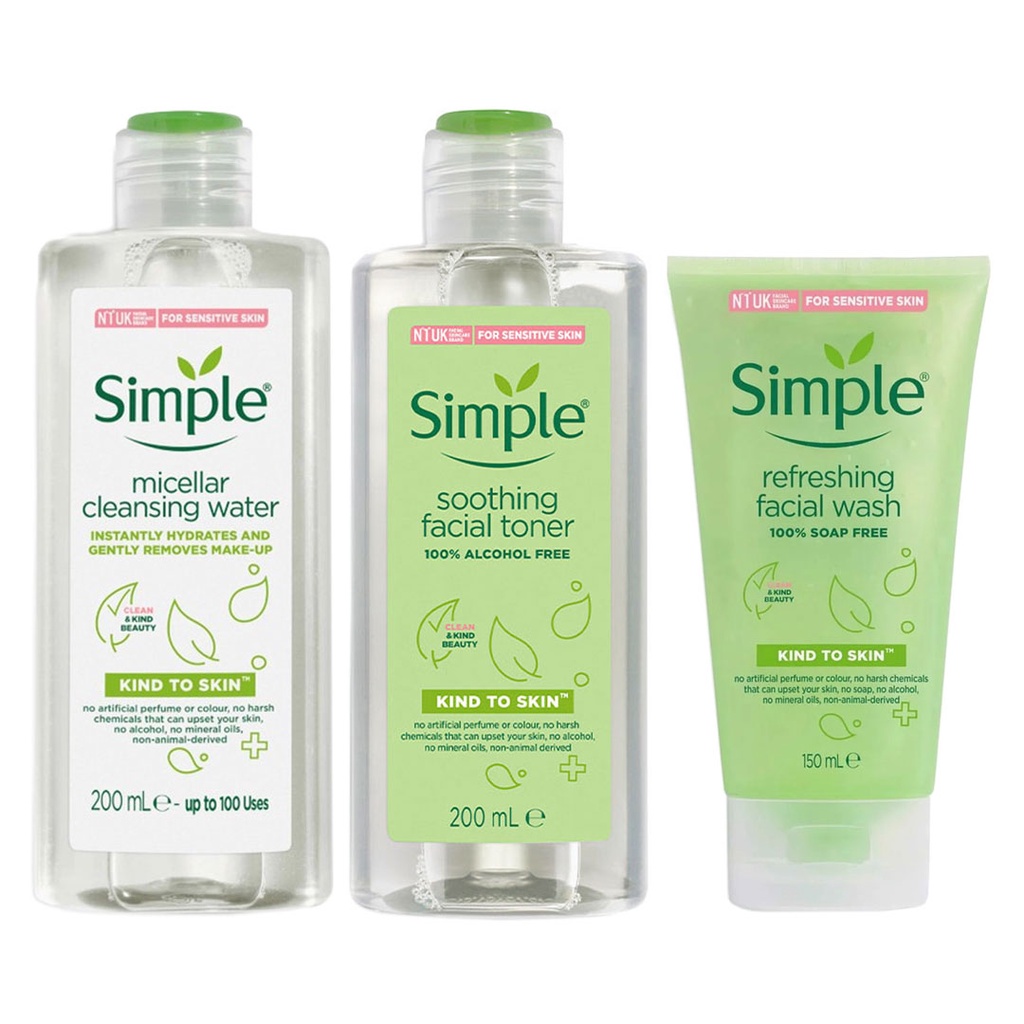 Combo Simple Tẩy trang 200ml + Sữa rửa mặt 150ml + Nước hoa hồng 200ml cho da sạch khỏe đàn hồi