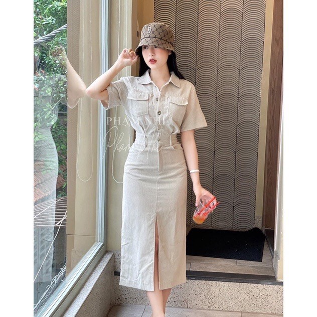 Váy sơ mi nhung tăm dáng dài xẻ trước chun sau sang trọng