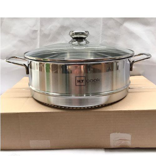 Bộ nồi xửng hấp 1 đáy HT COOK 28cm nắp kính.Tặng 2 cái vá canh inox