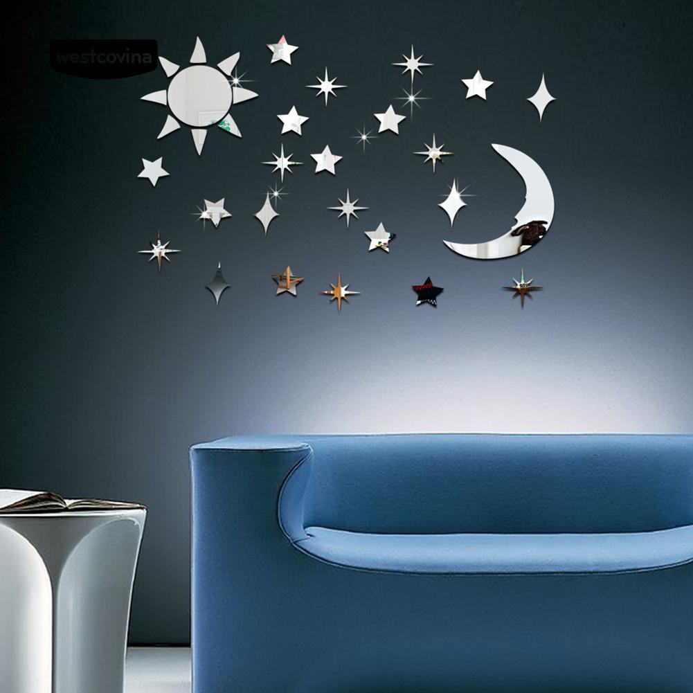 Bộ sticker dán tường mặt gương trang trí nhà cửa hình ngôi sao/mặt trời và mặt trăng
