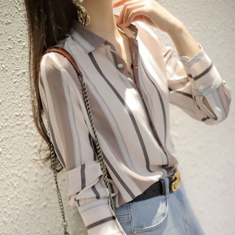 🌸🌸【Tài sản tồn tại】Áo sơ mi voan dài tay họa tiết kẻ sọc thời trang Hàn Quốc mới cho nữ 2021