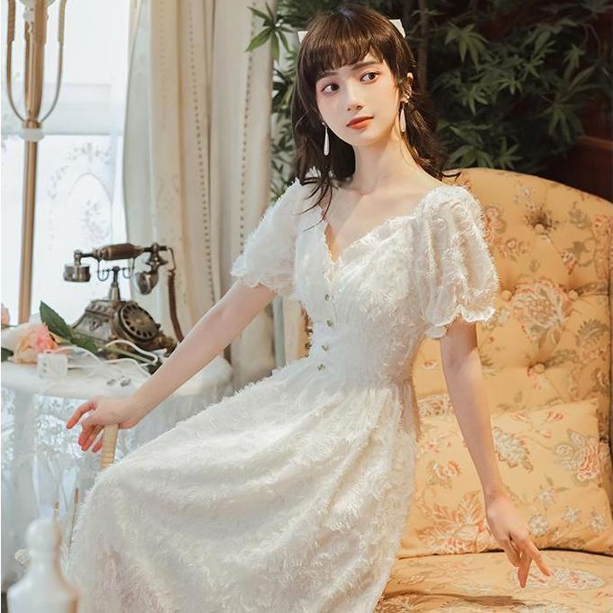 Đầm dự tiệc cổ vuông tay phồng dáng dài thời trang Váy dạ hội tiểu thư Phong cách pháp