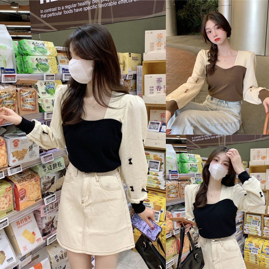 Áo kiểu tay dài cổ vuông thiết kế mới thời trang theo phong cách pháp dành cho nữ