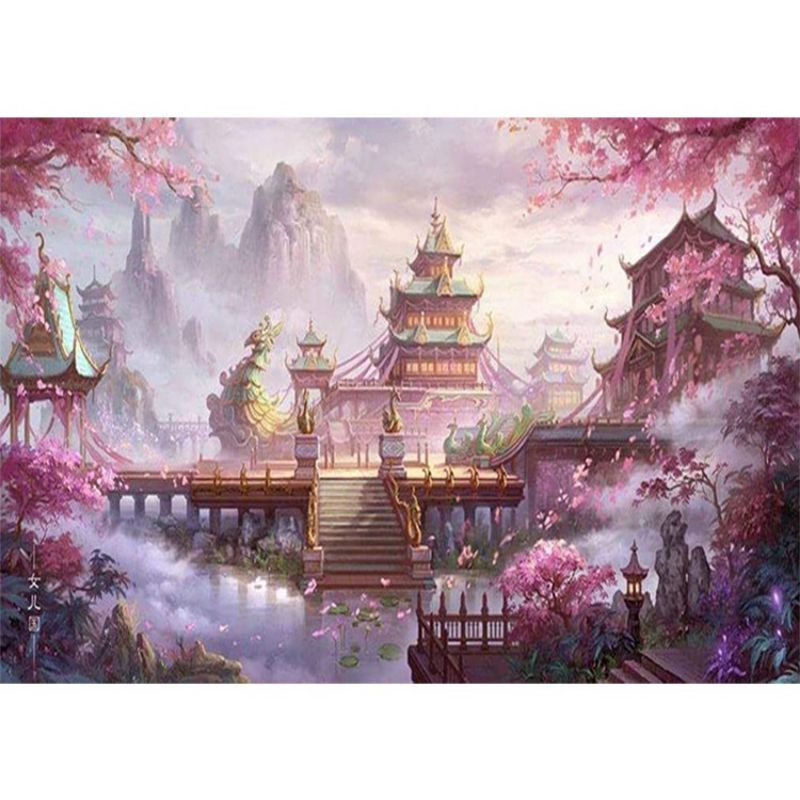 Tranh thêu chữ thập phong cảnh lâu dài thần tiên 50*40cm bộ dụng cụ chỉ cotton