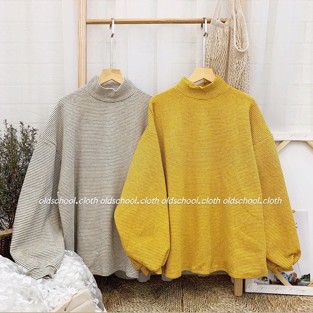 Áo sweater nỉ kẻ ngang cổ 3 phân form rộng ulzzang
