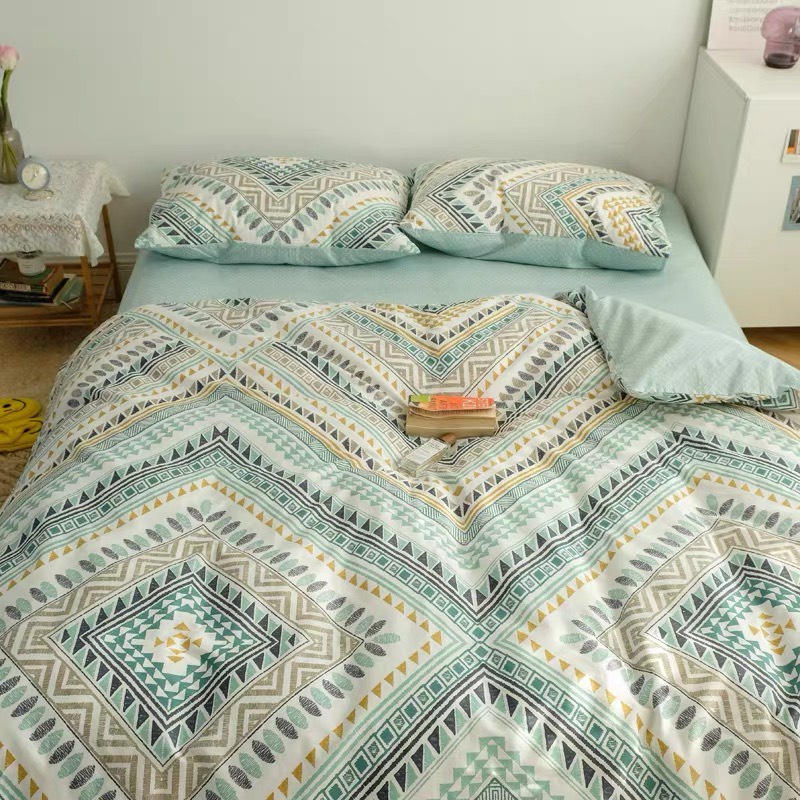 Bộ chăn ga gối Cotton Poly thổ cẩm xanh sét ga giường 4 món vỏ chăn ga gối có bo chun theo kích thước